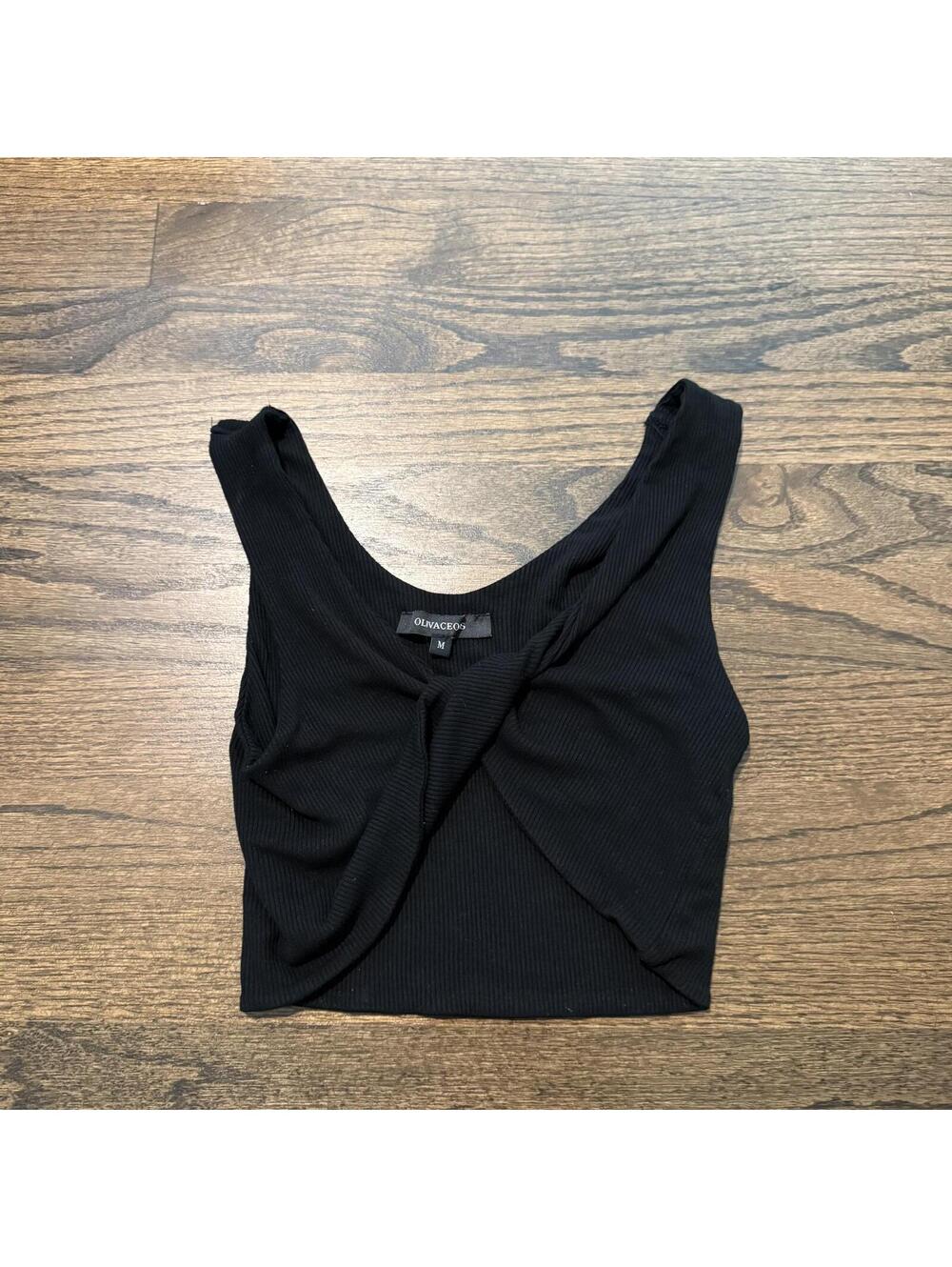 Olivaceous Black Ribbed Twist Front Crop Tank Top Size Medium